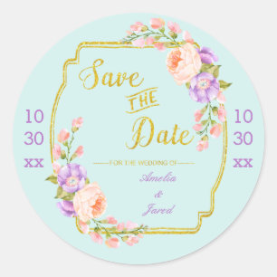 Save the Date anpassbare Blüten und Gold Runder Aufkleber