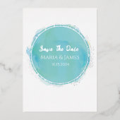 Save the Date Aqua Aquamarin Wasserfarbe mit Silbe Folieneinladung (Vorderseite)