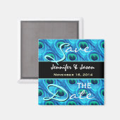 Save the Date Aqua und Cobalt Peacock Feathers Magnet (Vorderseite/Rückseite)