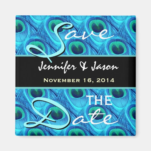 Save the Date Aqua und Cobalt Peacock Feathers Magnet (Vorne)
