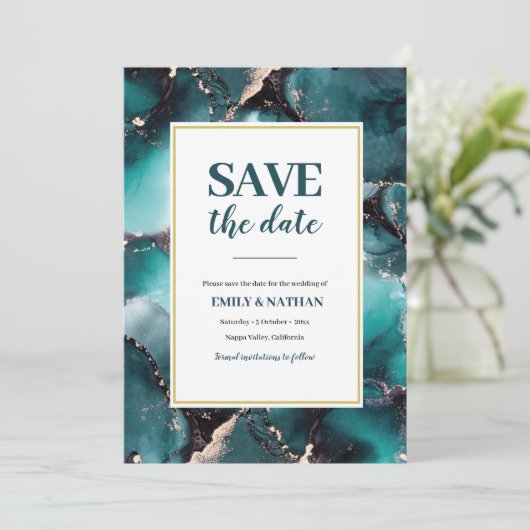 Save the Date aquamarin-grün-farbige Einladung (Stehend Vorderseite)
