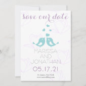 Save the Date aquamarin/Lila Lovebirts-Karte (Vorderseite)