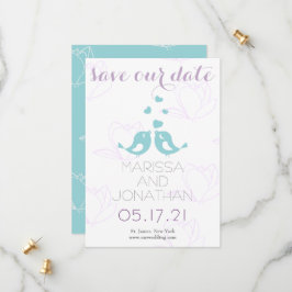 Save the Date aquamarin/Lila Lovebirts-Karte