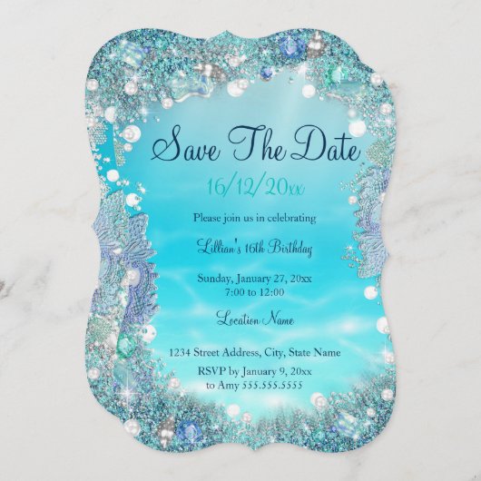 Save the Date Aquamarine Perlen des Blauen Meeres (Vorne/Hinten)
