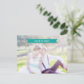 SAVE THE DATE Aquamarine Typografie Foto Postkarte (Stehend Vorderseite)