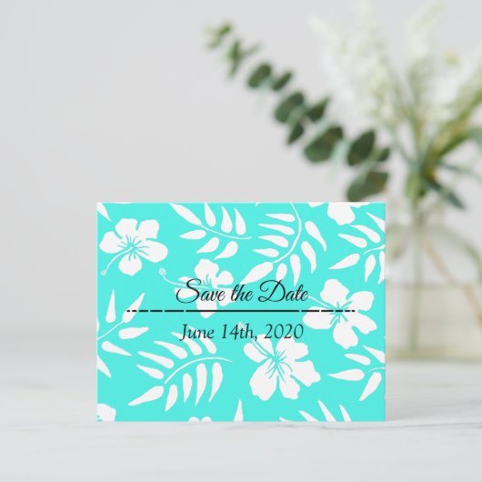 Save the Date Aquamariner Hibiskus Tropical Themed Postkarte (Stehend Vorderseite)