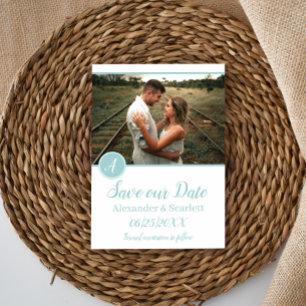 Save the Date aquamarines Monogramm-Foto Ankündigung