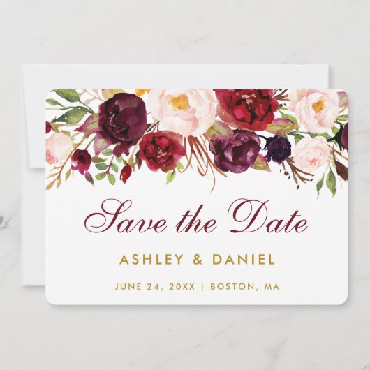 Save the Date Aquarell Floral Burgund Gold B (Vorderseite)