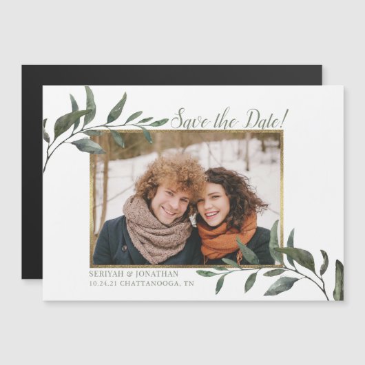 Save the Date Aquarell Grünpflanzen Gold Foil Foto Magneteinladung (Vorne/Hinten)