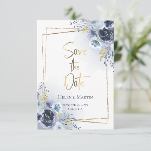 Save the Date Aquarellblaue Rose Einladung (Stehend Vorderseite)