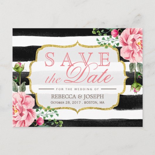 Save the Date Aquarellfarbe Rosa Blütenfarben Stre Ankündigungspostkarte (Vorderseite)
