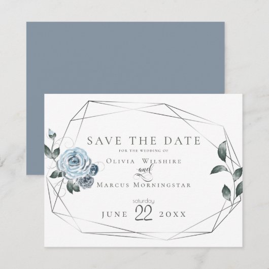 Save The Date | Aquarellfarben, blau, floralblau (Vorne/Hinten)