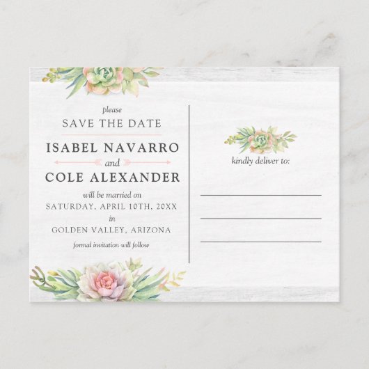 Save the Date Aquarellfarben-Sukkulatur Postkarte (Vorderseite)