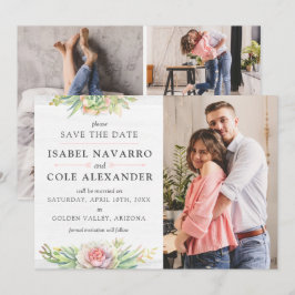 Save the Date Aquarellfarben Sukkulente 4-Foto-Kar Einladung