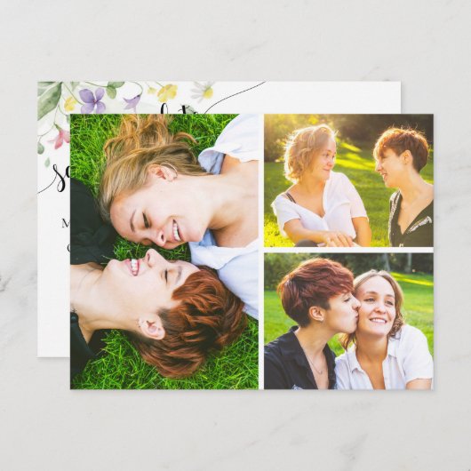 Save the Date Aquarellfarben-Wildblumen 3-Foto Postkarte (Vorne/Hinten)