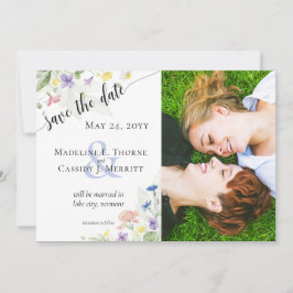 Save the Date Aquarellfarben Wildblumen 4-Foto Einladung