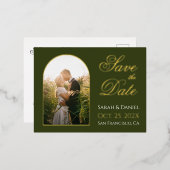 Save the Date Arch Foto Elegantes Script Green Gol Folie Einladungspostkarte (Vorderseite/Rückseite)
