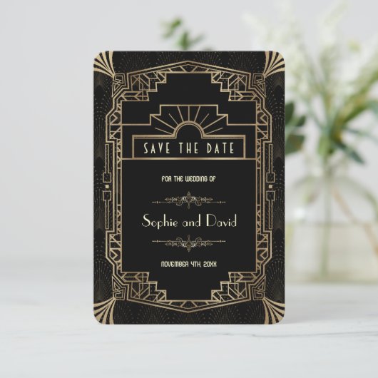 Save The Date | Art Deco Black Gatsby 1920s (Stehend Vorderseite)