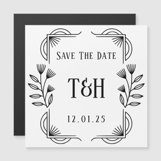 Save the Date - Art-Deco-Botanische Monogramm Magneteinladung (Vorne/Hinten)