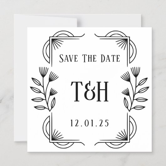Save the Date - Art-Deco-Botanische Monogramm Magneteinladung (Vorderseite)