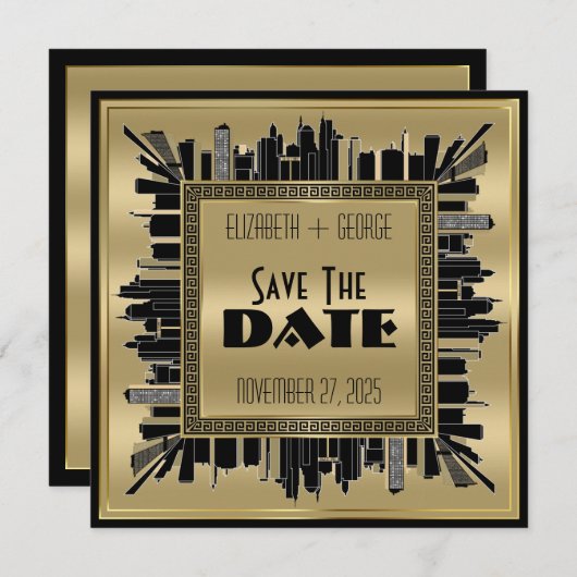 Save the Date Art Deco Gatsby Glamour Gold Black Einladung (Vorne/Hinten)