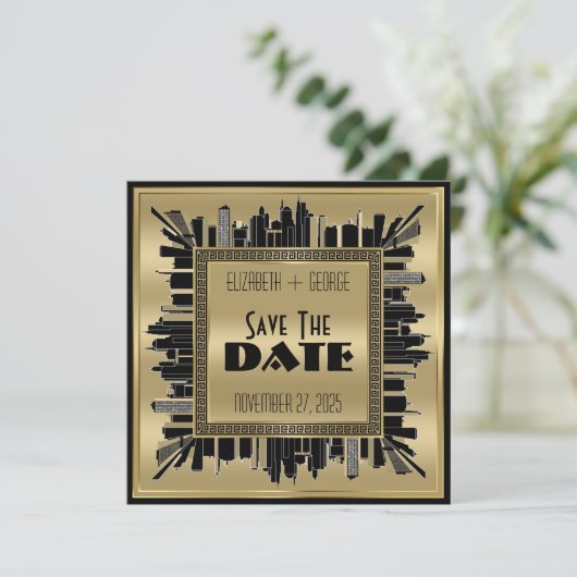 Save the Date Art Deco Gatsby Glamour Gold Black Einladung (Stehend Vorderseite)
