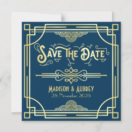 Save the Date Art Deco Gatsby Glamour Gold Blue Magneteinladung