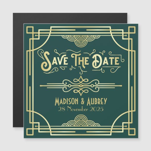 Save the Date Art Deco Gatsby Glamour Gold Green Magneteinladung (Vorne/Hinten)