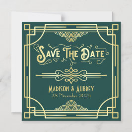 Save the Date Art Deco Gatsby Glamour Gold Green Magneteinladung