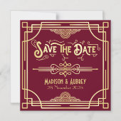 Save the Date Art Deco Gatsby Gold Burgundy Magneteinladung (Vorderseite)