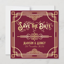 Save the Date Art Deco Gatsby Gold Burgundy Magneteinladung