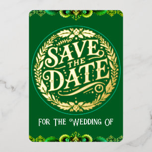 Save the Date aufgedeckte Karte in Gold und Grün