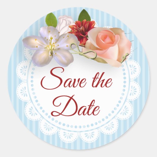 Save the Date Aufkleber Blau und Korallenblume (Vorderseite)