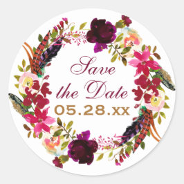 Save the Date Aufkleber - Burgund Floral, Federn