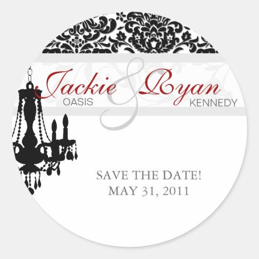 Save the Date Aufkleber Chandelier BW Damask (Vorderseite)
