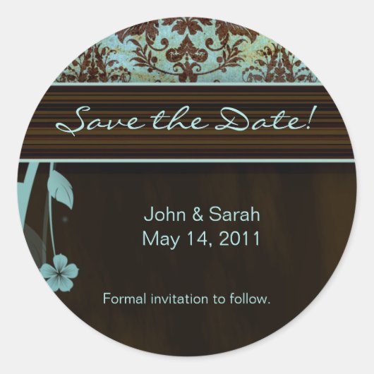 Save the Date Aufkleber Damask Blume blau braun (Vorderseite)