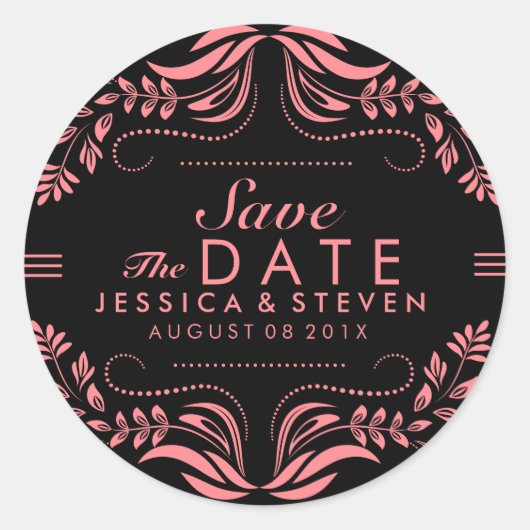 Save the Date Aufkleber mit schwarz-rosa Spitzen (Vorderseite)