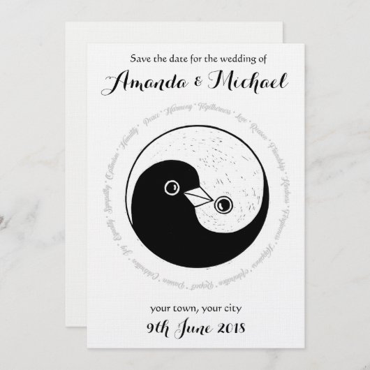 SAVE THE DATE b/w YinYang doves Hochzeitskarte (Vorne/Hinten)