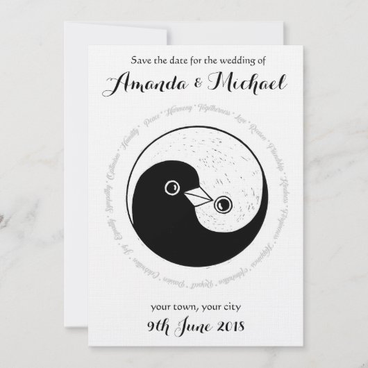 SAVE THE DATE b/w YinYang doves Hochzeitskarte (Vorderseite)