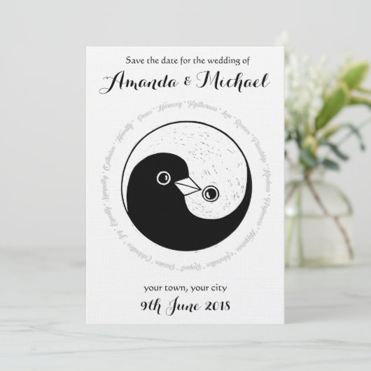 SAVE THE DATE b/w YinYang doves Hochzeitskarte (Stehend Vorderseite)
