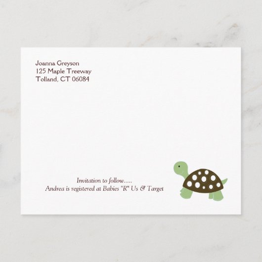 SAVE THE DATE Baby Dusche Mod Dot Turtle Postkarte (Rückseite)
