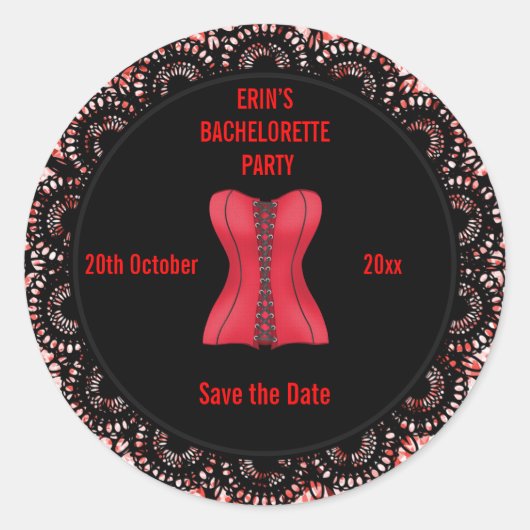 Save the Date Bachelorette Red Corset Untersetzer Runder Aufkleber (Vorderseite)