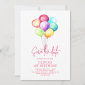 Save the Date Balloons Girls 1. Geburtstag (Vorderseite)