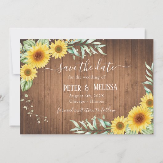 Save the Date Barn Wood Sunflower Ankündigung (Vorderseite)