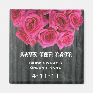 Save the Date - Barnwood & Hot Pink Rose Magnet