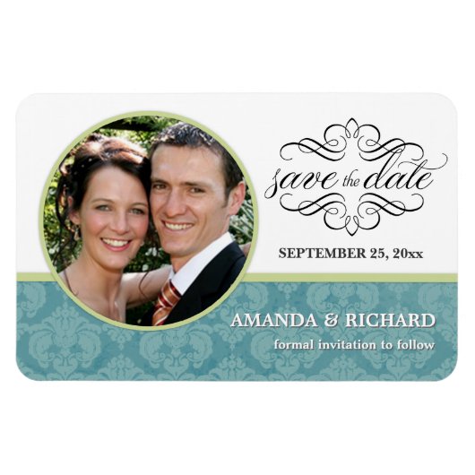 Save the Date - Barorque Blue Damask Foto Magnete (Horizontal)