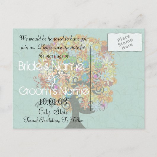 Save the Date - Baum der Blume Ankündigungspostkarte (Rückseite)