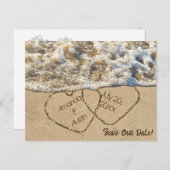 Save the Date Beach Hearts Ankündigungspostkarte (Vorne/Hinten)