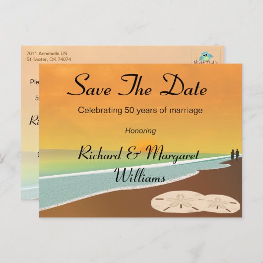 Save the Date Beach-Jahrestag Ankündigungspostkarte (Vorne/Hinten)