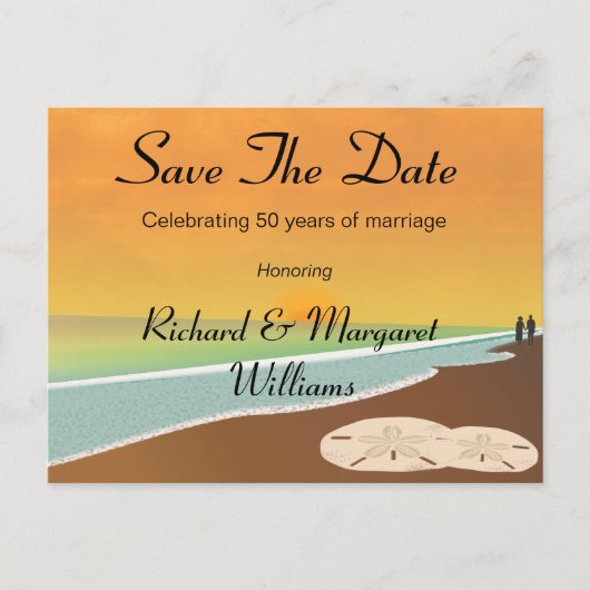 Save the Date Beach-Jahrestag Ankündigungspostkarte (Vorderseite)